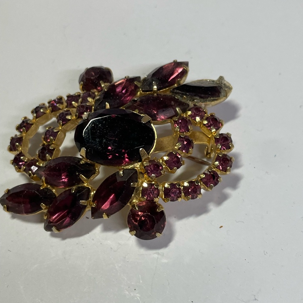 Gold and Purple Floral Brooch with Faceted Stones